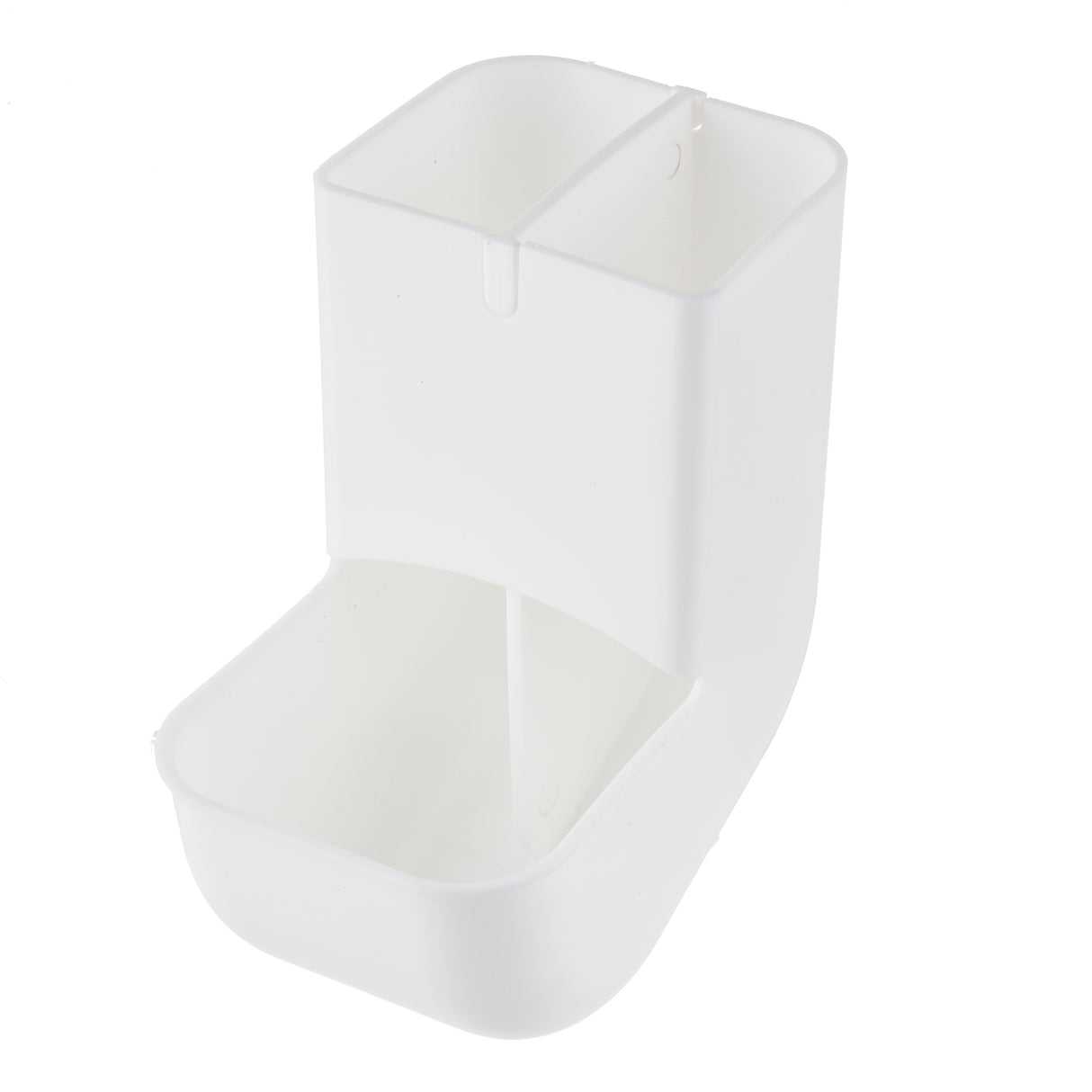 A white, polypropylene container with two vertical compartments at the top and a curved lower section; the geometric shape with smooth edges is likely used for organizing small items such as utensils or toiletries, and it’s dishwasher safe.