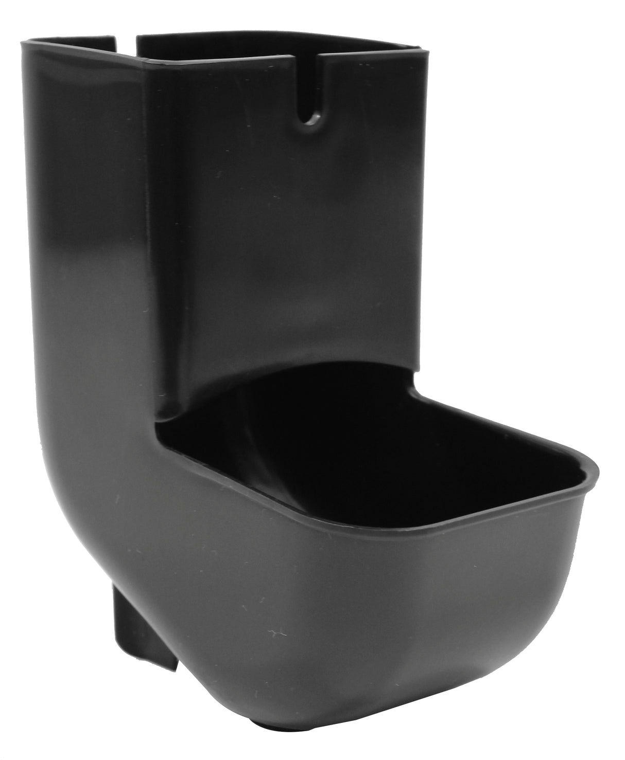 A black, polypropylene wall-mounted cup with a rectangular shape, rounded edges, and an open top. The back section is higher than the front, with a slot for mounting. Its smooth, matte surface is also dishwasher safe for easy cleaning.