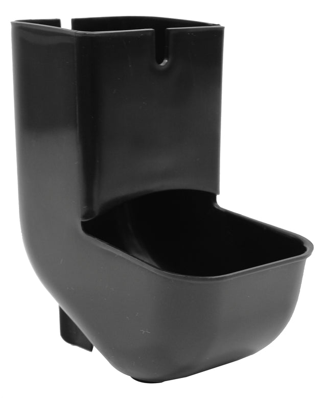 A black, polypropylene wall-mounted cup with a rectangular shape, rounded edges, and an open top. The back section is higher than the front, with a slot for mounting. Its smooth, matte surface is also dishwasher safe for easy cleaning.