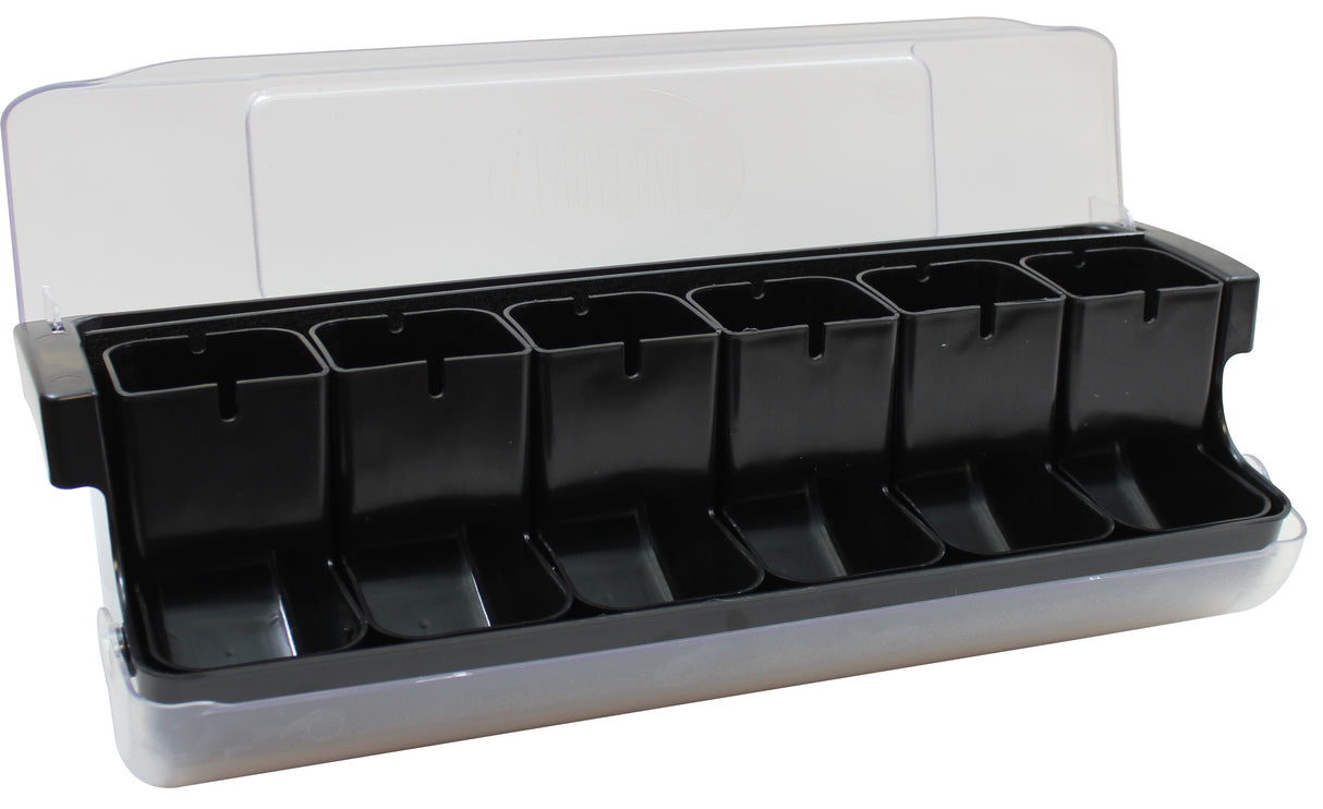A black polypropylene condiment holder with six compartments, each fits an insert 1-1/4 pt, and a clear hinged lid. Dishwasher safe, it's ideal for organizing toppings in food service settings like salad bars or sandwich shops.