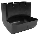 Black polypropylene rectangular container with a deep lower tray and an upright back panel featuring four vertical slots; designed to be mounted or attached, possibly for holding items like tools or utensils. The surface is smooth, unadorned, and dishwasher safe.