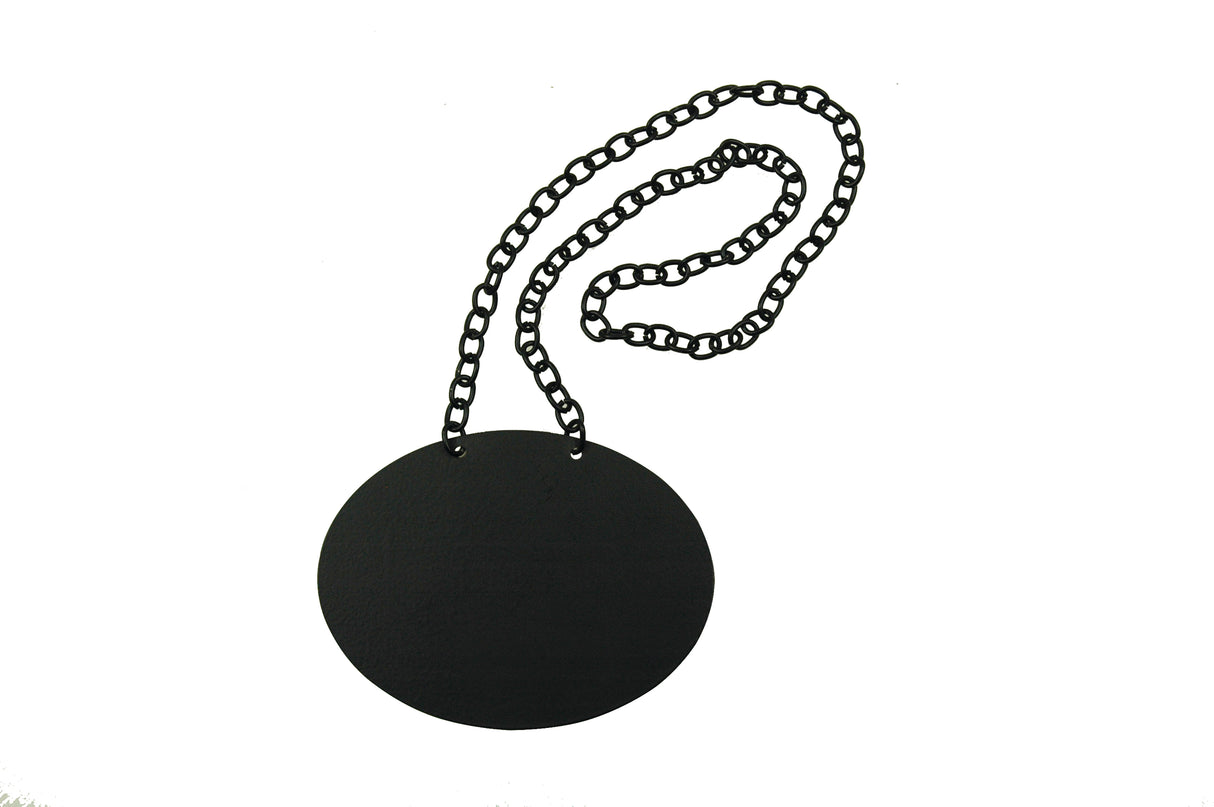 A black, round, flat Chalkboard Necklace pendant hangs from a matching black chain. The pendant has two holes at the top for the chain to loop through. The plain white background highlights its simple, modern TableCraft Products-inspired design.