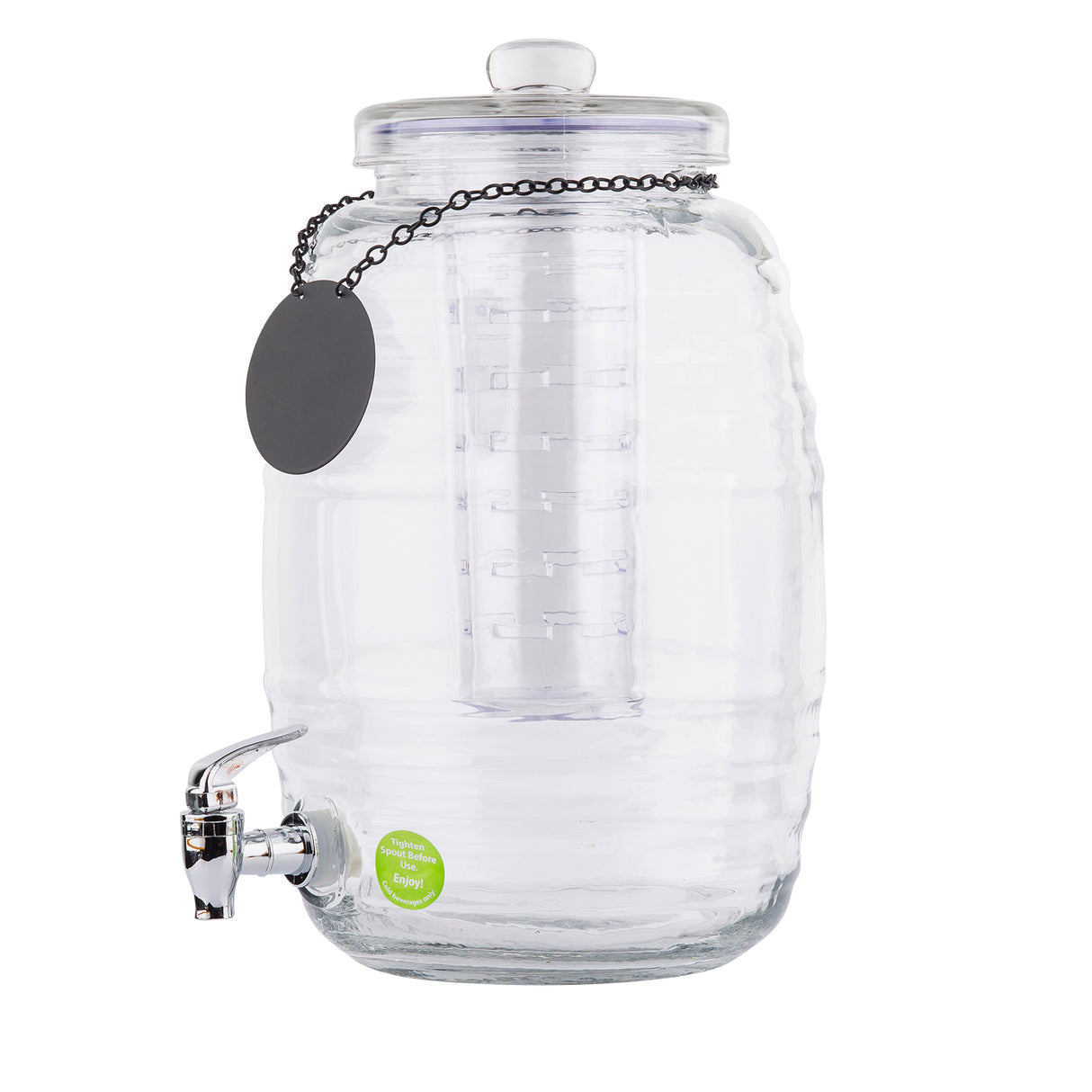 A clear TableCraft glass beverage dispenser with a lid and cylindrical infuser inside. Featuring a metal spigot and a chain with a blank round label, this Beehive Beverage Dispenser sits empty against a white background.
