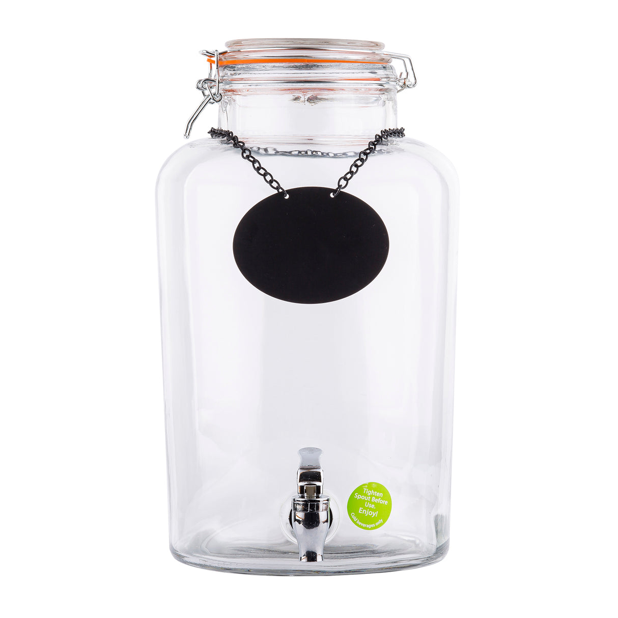 A rustic 2.5 gallon glass beverage dispenser with a spigot at the bottom center, an orange-sealed hinged lid, and a blank black chalkboard label on a chain. A small green sticker sits near the base on the front.