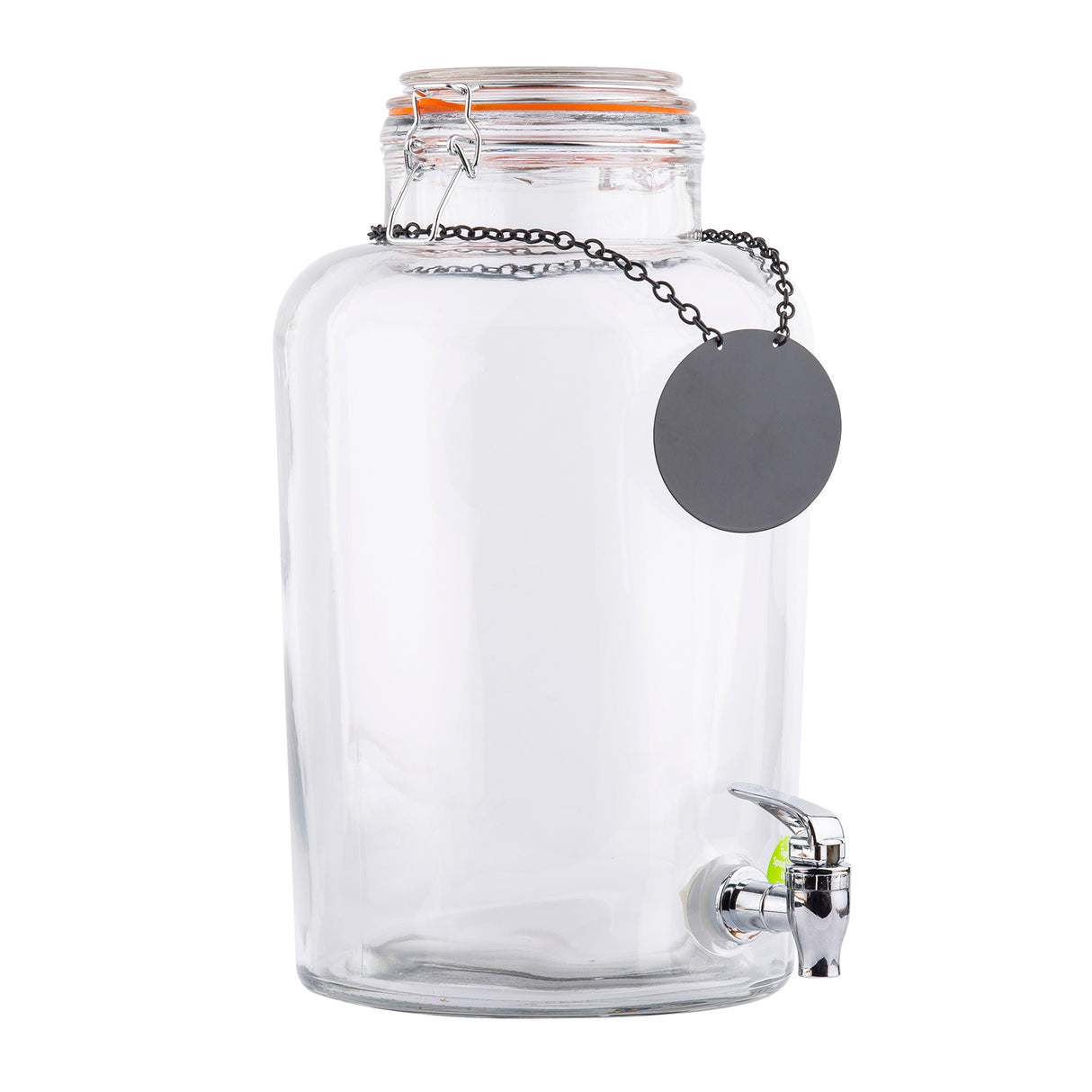 A large, clear 2.5 gallon beverage dispenser with a metal spigot and an orange-sealed lid. A blank, round black tag hangs from a chain around the neck of the jar, which is empty and set against a white background.
