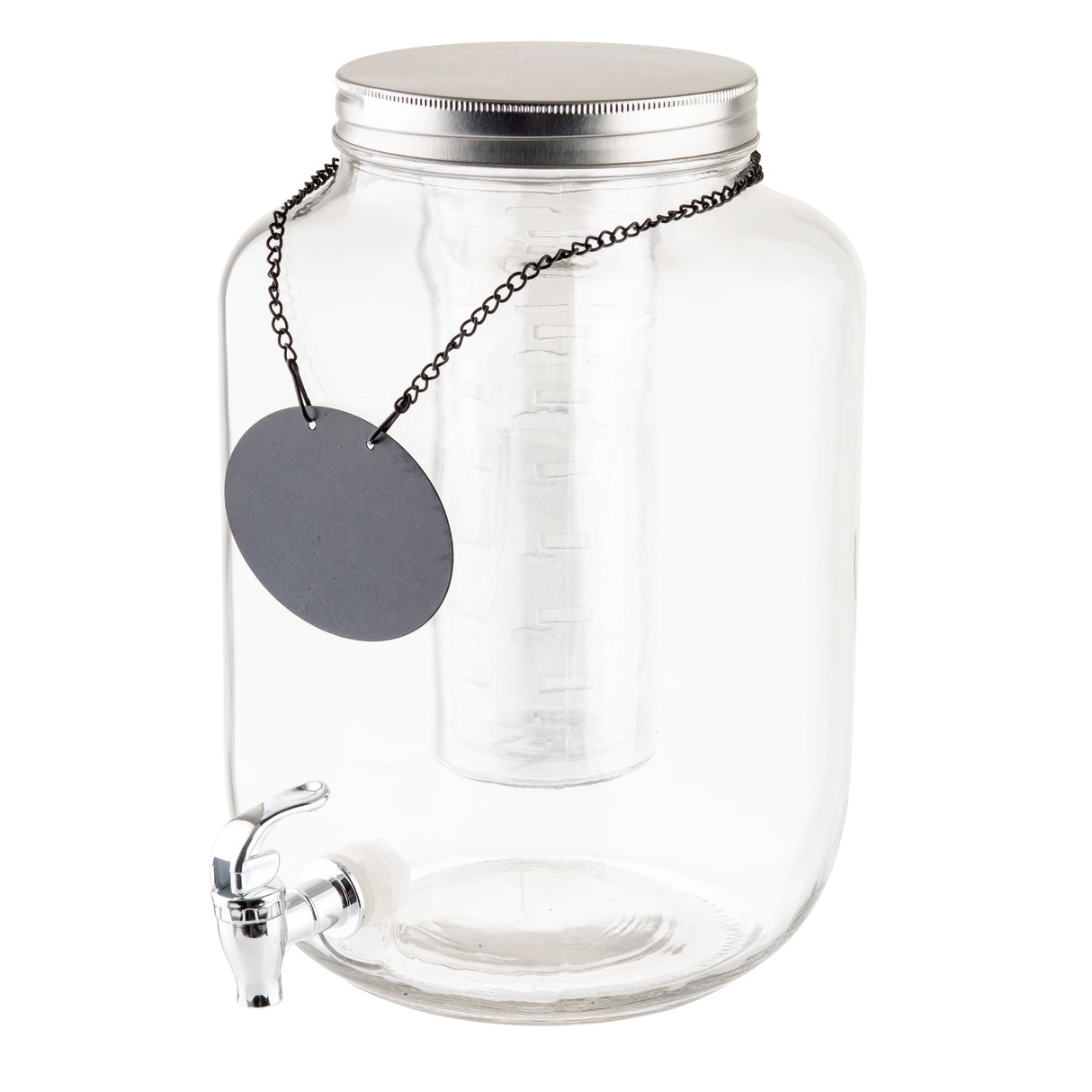 A large 2 gallon Mason Jar Beverage Dispenser with a clear glass body, metal lid, silver-tone spigot, and a black round label hanging from a chain. Features a central tube for ice or infusions inside.