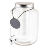 A large 2 gallon Mason Jar Beverage Dispenser with a clear glass body, metal lid, silver-tone spigot, and a black round label hanging from a chain. Features a central tube for ice or infusions inside.