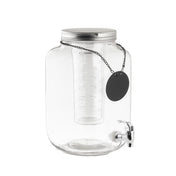 A clear 2 gallon Mason Jar Beverage Dispenser with a silver screw-on lid, cylindrical infuser, and silver spigot. A black tag hangs from the lid chain, ready for labeling. The glass dispenser is empty and set against a white background.