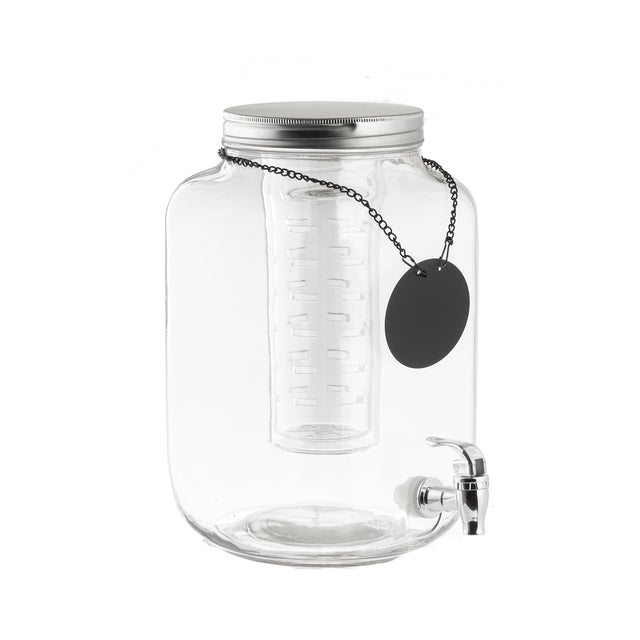 A clear 2 gallon Mason Jar Beverage Dispenser with a silver screw-on lid, cylindrical infuser, and silver spigot. A black tag hangs from the lid chain, ready for labeling. The glass dispenser is empty and set against a white background.