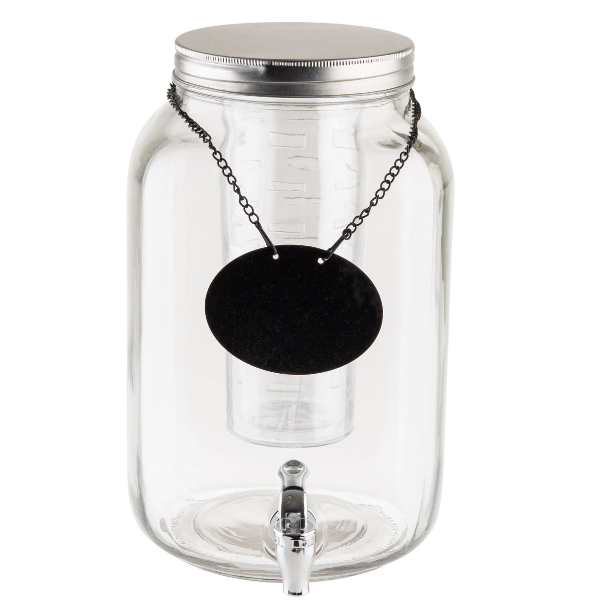 A clear 2 gallon Mason Jar Beverage Dispenser made of glass, featuring a silver metal lid, cylindrical infuser, small spigot at the bottom, and a blank black oval label on a chain around the neck. The dispenser is empty against a white background.