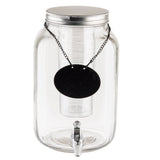A clear 2 gallon Mason Jar Beverage Dispenser made of glass, featuring a silver metal lid, cylindrical infuser, small spigot at the bottom, and a blank black oval label on a chain around the neck. The dispenser is empty against a white background.