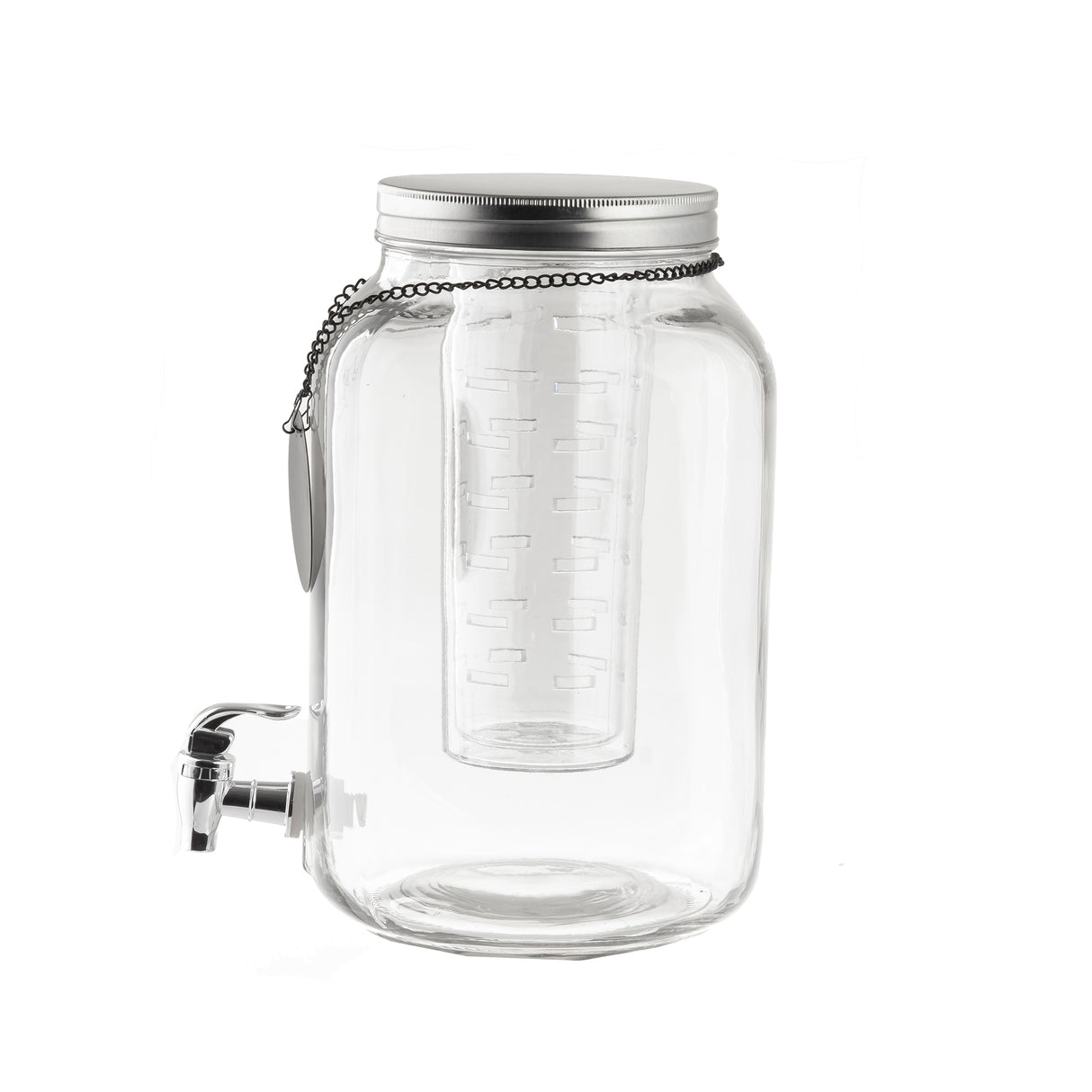 A clear Mason Jar Beverage Dispenser with a metal screw-on lid, replacement top, metal spigot, and removable inner infuser tube. Dishwasher safe and empty, it features a chain with a blank tag on the lid, set against a white background.