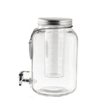 A clear Mason Jar Beverage Dispenser with a metal screw-on lid, replacement top, metal spigot, and removable inner infuser tube. Dishwasher safe and empty, it features a chain with a blank tag on the lid, set against a white background.