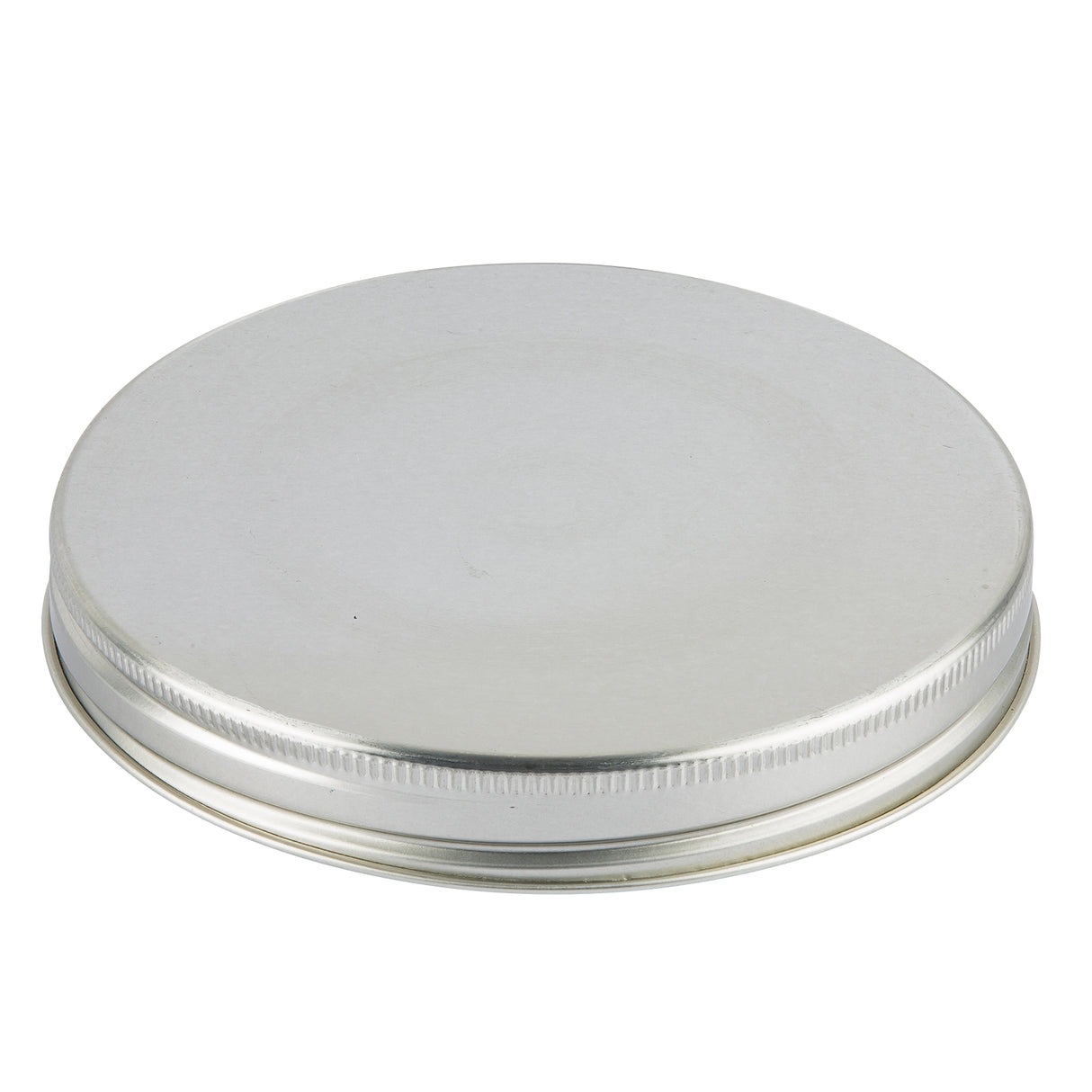 A round, flat silver metal Replacement Top with a smooth top and a textured, ridged edge. Ideal for a Mason Jar Beverage Dispenser, the lid appears unused and clean against a white background. It is also dishwasher safe for easy cleaning.