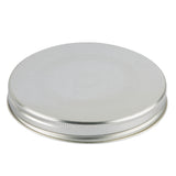 A round, flat silver metal Replacement Top with a smooth top and a textured, ridged edge. Ideal for a Mason Jar Beverage Dispenser, the lid appears unused and clean against a white background. It is also dishwasher safe for easy cleaning.