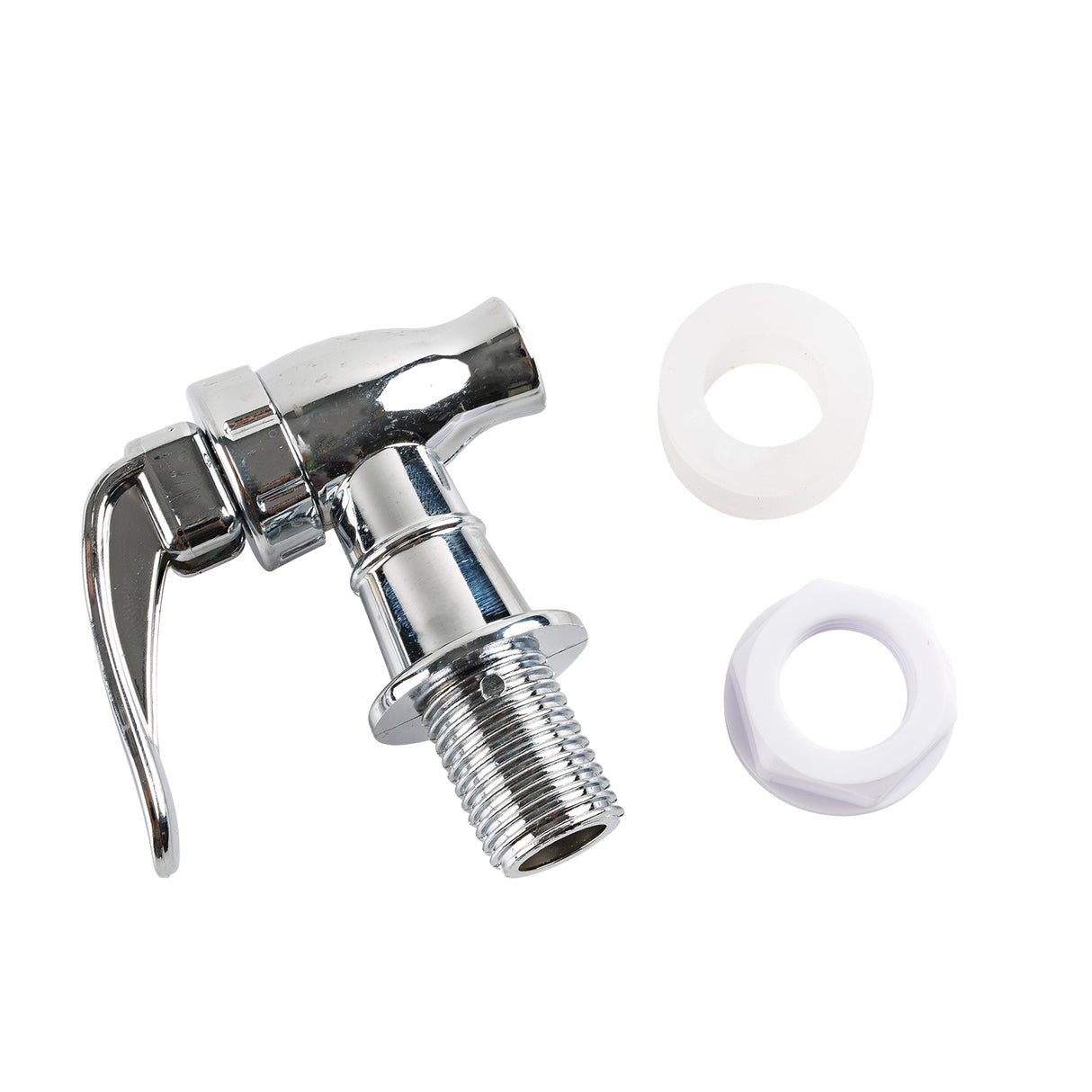 A shiny silver metal spigot replacement faucet with a lever handle is shown beside two white plastic washers on a plain white background. Designed for TableCraft glass beverage dispensers, the spigot features threaded ends for easy attachment.