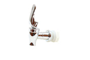 A shiny chrome replacement faucet with a white plastic fitting is shown against a plain white background. The tap handle is lifted upward, and the design appears modern and smooth, ideal for glass beverage dispensers.