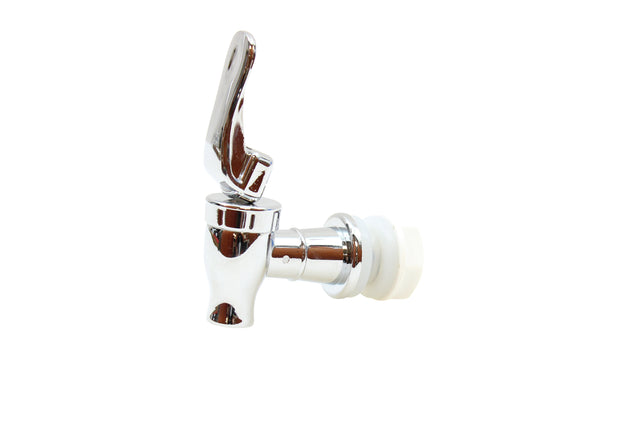 A shiny chrome replacement faucet with a white plastic fitting is shown against a plain white background. The tap handle is lifted upward, and the design appears modern and smooth, ideal for glass beverage dispensers.