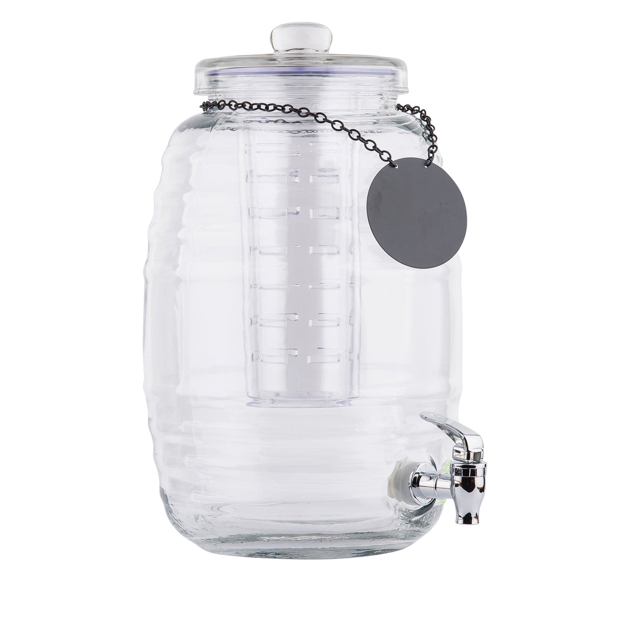 A clear glass beverage dispenser with a ribbed design features a matching lid, silver spigot, and chain with a blank round label. Inside is a tall, cylindrical infuser tube—perfect for flavoring drinks. This dispenser is dishwasher safe for easy cleaning.