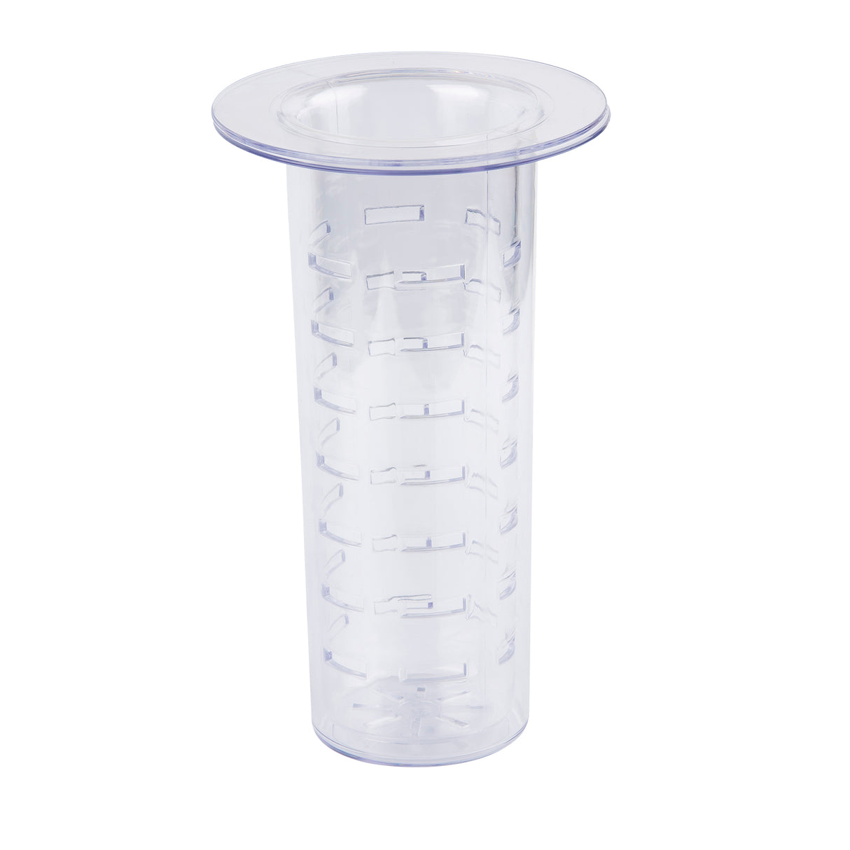 A clear, tall, cylindrical plastic container with a wide, flat rim at the top and a fitted lid. The sides feature evenly spaced, horizontal ridges. This simple, transparent design is dishwasher safe for effortless cleaning.