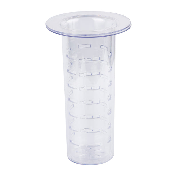 A clear, tall, cylindrical plastic container with a wide, flat rim at the top and a fitted lid. The sides feature evenly spaced, horizontal ridges. This simple, transparent design is dishwasher safe for effortless cleaning.