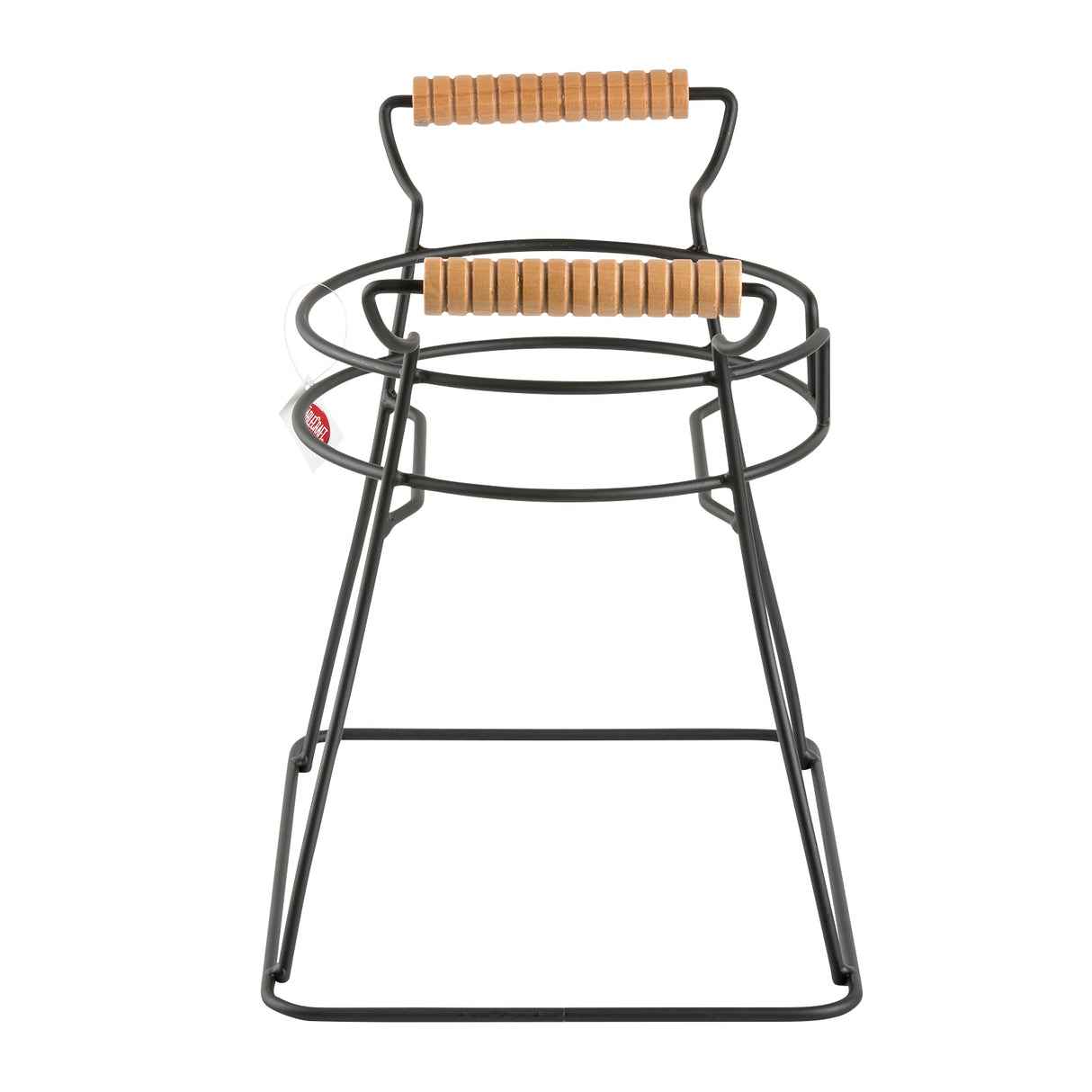 A black powder coated metal stool with a minimalist wireframe design, featuring two horizontal rows of light wooden cylindrical slats on the seat and backrest. Its geometric structure and open sides provide stability, making it ideal as a glass beverage dispenser base.