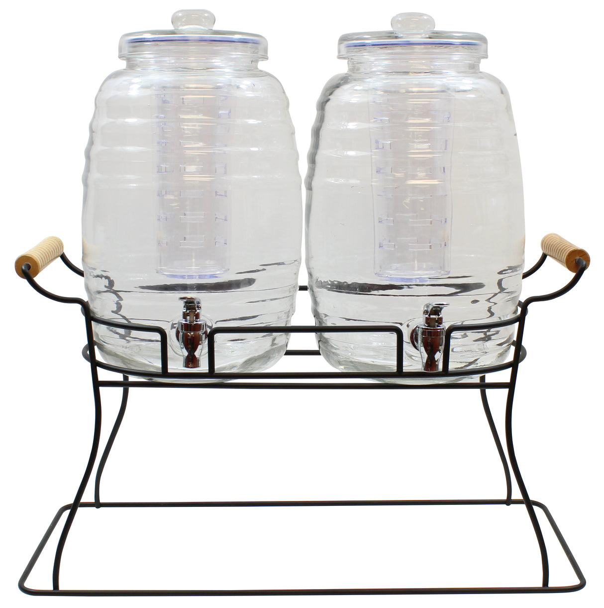 Two clear glass beverage dispensers with round lids and spigots sit side by side on a black powder coated metal base with wooden handles. The double beverage dispenser features a ribbed design and internal cylindrical infusers for easy and stylish serving.