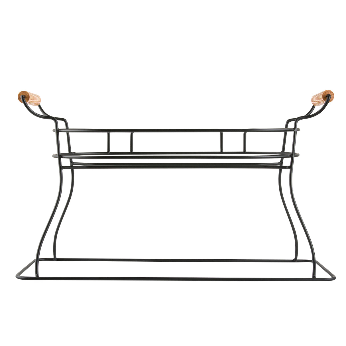 A minimalist black powder coated metal basket with curved legs and sides, featuring two wooden handles on each end. The open, airy design sits on a rectangular base for a modern and functional look—perfect as a Glass Beverage Dispenser Base.