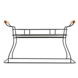 A minimalist black powder coated metal basket with curved legs and sides, featuring two wooden handles on each end. The open, airy design sits on a rectangular base for a modern and functional look—perfect as a Glass Beverage Dispenser Base.