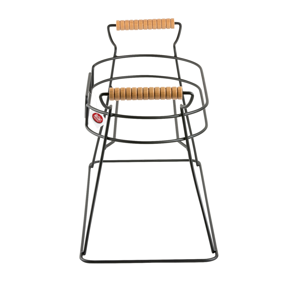 A modern bar stool with a black powder coated metal frame, featuring a curved backrest and seat edge topped with light wooden slats. The minimalist design uses thin metal rods for structure—perfect next to a double beverage dispenser or glass beverage dispenser base.