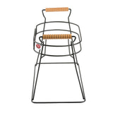 A modern bar stool with a black powder coated metal frame, featuring a curved backrest and seat edge topped with light wooden slats. The minimalist design uses thin metal rods for structure—perfect next to a double beverage dispenser or glass beverage dispenser base.