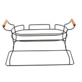A black powder coated metal wire basket with curved sides and a rectangular base, featuring two wooden handles. The open, minimalist design is perfect for holding fruits, bread, kitchen supplies, or serving as a Glass Beverage Dispenser Base.