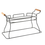 A wire storage basket with a rectangular base and curved sides, featuring two light wood handles on each end. Made from black powder coated metal, its open, minimalist design is perfect for holding towels, bottles, or as a Glass Beverage Dispenser Base.