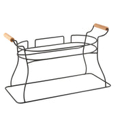 A wire storage basket with a rectangular base and curved sides, featuring two light wood handles on each end. Made from black powder coated metal, its open, minimalist design is perfect for holding towels, bottles, or as a Glass Beverage Dispenser Base.