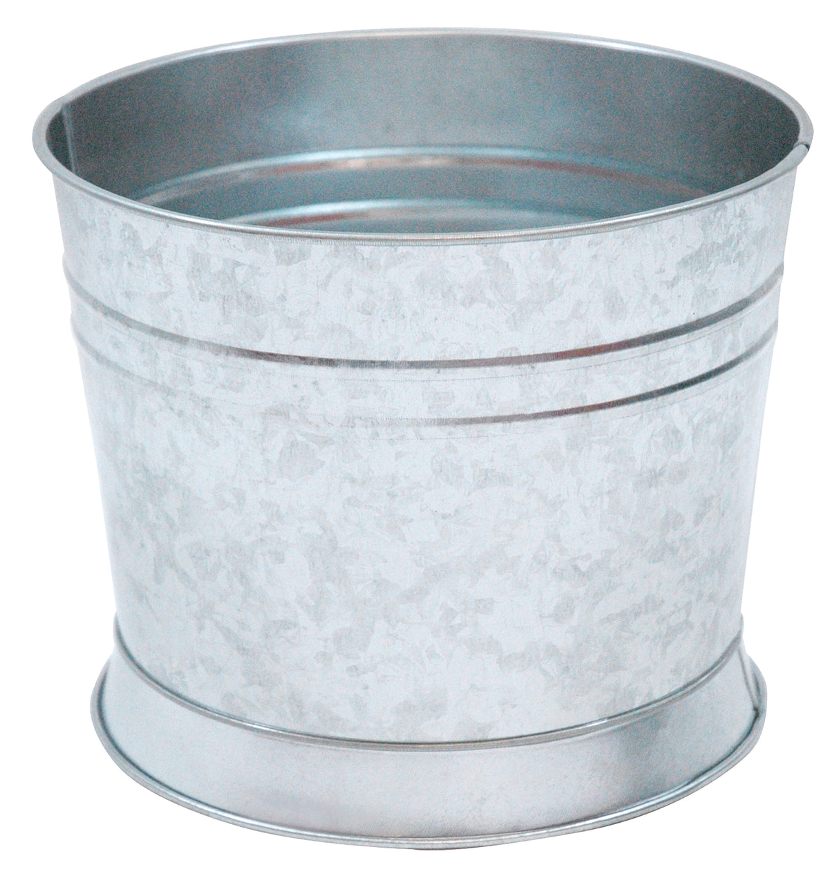 A silver, round galvanized steel bucket with a slightly flared rim and subtle horizontal ridges. This TableCraft Products galvanized tub has a shiny, textured finish, no handles or visible markings, and sits on a white background.