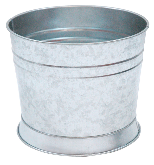 A silver, round galvanized steel bucket with a slightly flared rim and subtle horizontal ridges. This TableCraft Products galvanized tub has a shiny, textured finish, no handles or visible markings, and sits on a white background.