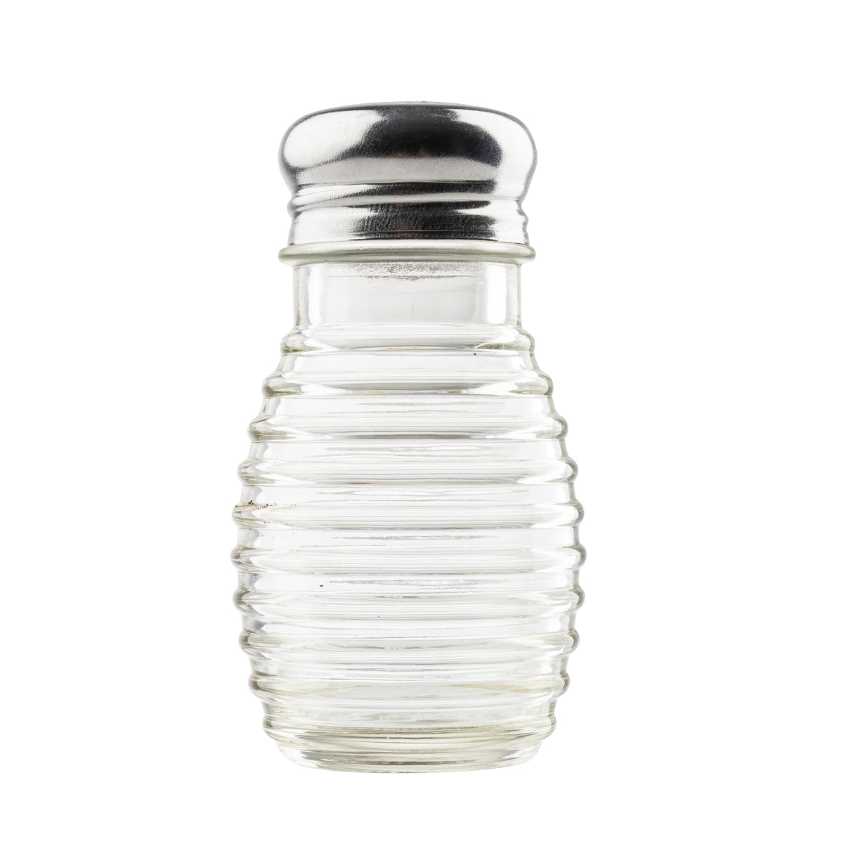 A clear glass salt shaker with horizontal ridges and a shiny, silver screw-on lid sits upright and centered against a white background—an iconic TableCraft shaker perfect for any table setting.