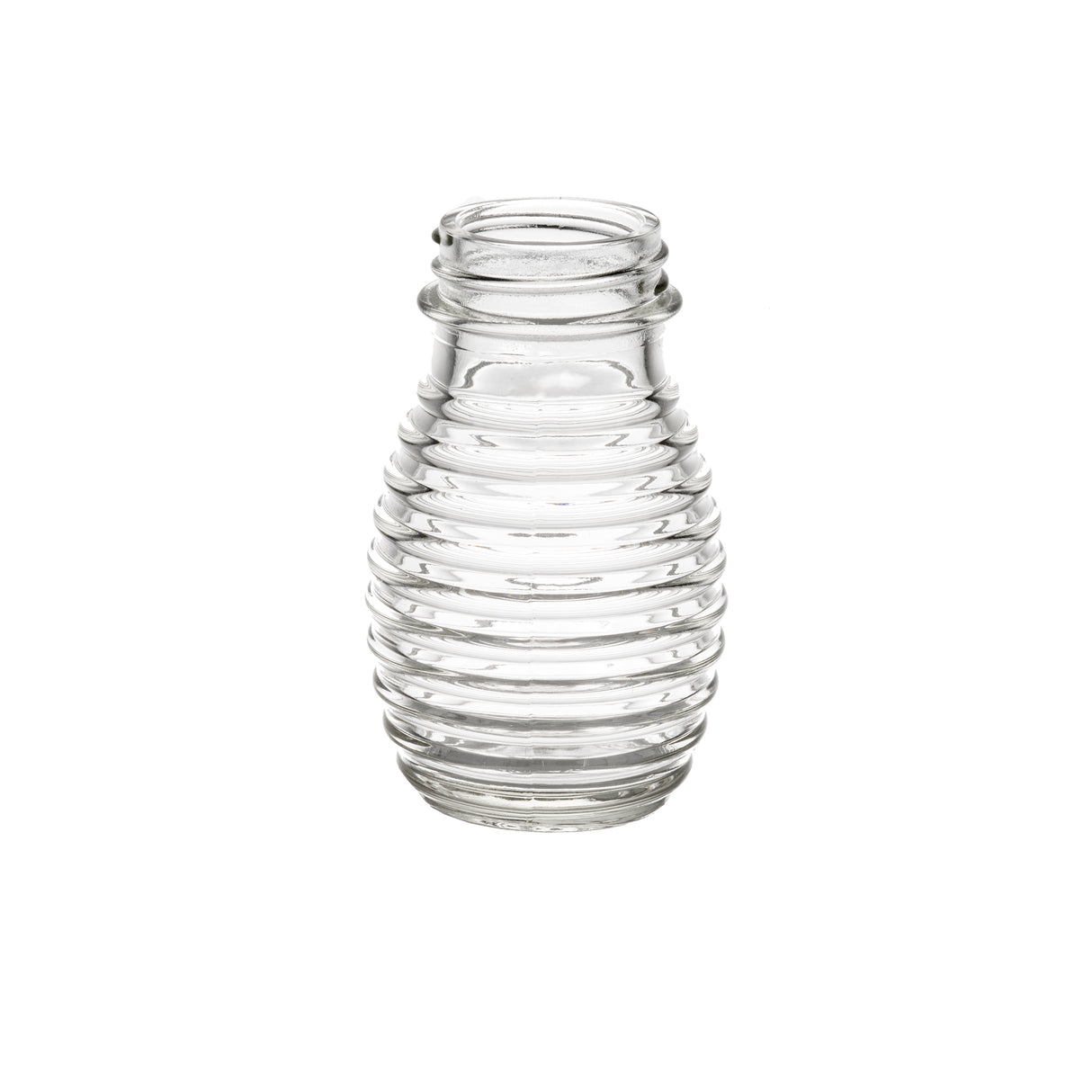 A clear, empty TableCraft glass jar with a wide opening and a ribbed, beehive-like design is centered on a white background. The smooth, transparent glass highlights the horizontal ridges, perfect as a replacement shaker or salt and pepper shaker.