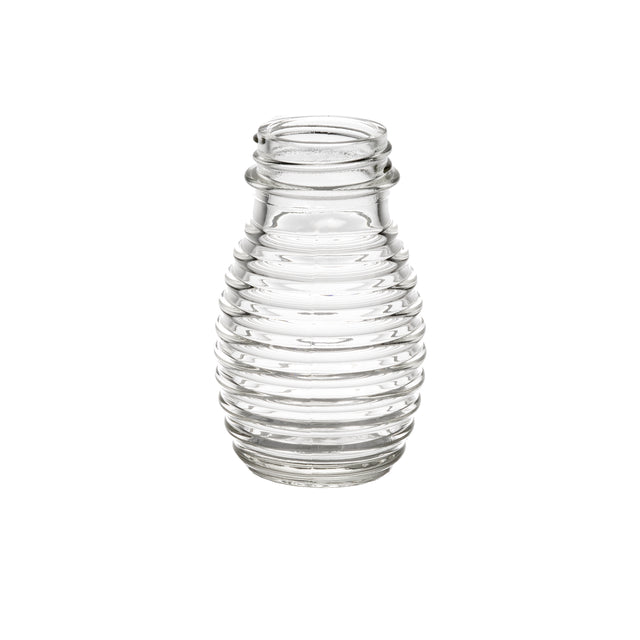 A clear, empty TableCraft glass jar with a wide opening and a ribbed, beehive-like design is centered on a white background. The smooth, transparent glass highlights the horizontal ridges, perfect as a replacement shaker or salt and pepper shaker.