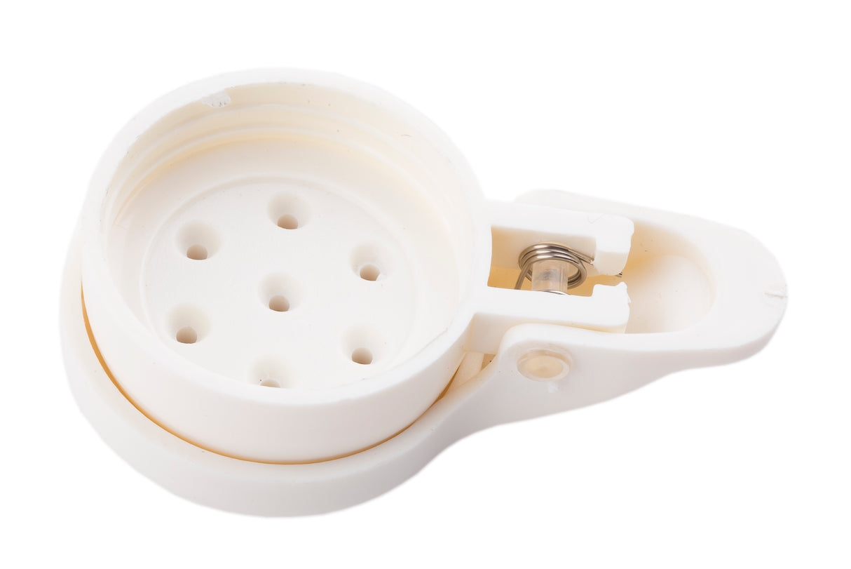 A white plastic egg piercer with a circular base featuring multiple small holes and a hinged lid containing a spring-loaded needle mechanism, used for piercing eggshells before boiling to prevent cracking. The device is clean, unopened, and dishwasher safe.