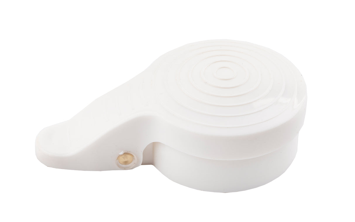 A white plastic handheld garlic press with a ridged, circular top and a small metal hinge on the side, photographed on a white background; it's dishwasher safe for easy cleaning.