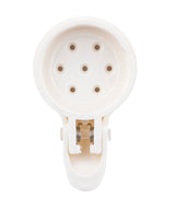 A close-up image of a white plastic Beehive Salt/Pepper Shaker clip with a round, perforated top featuring seven holes in a circular pattern. The moisture proof spring mechanism is visible at the bottom, set against a plain white background.