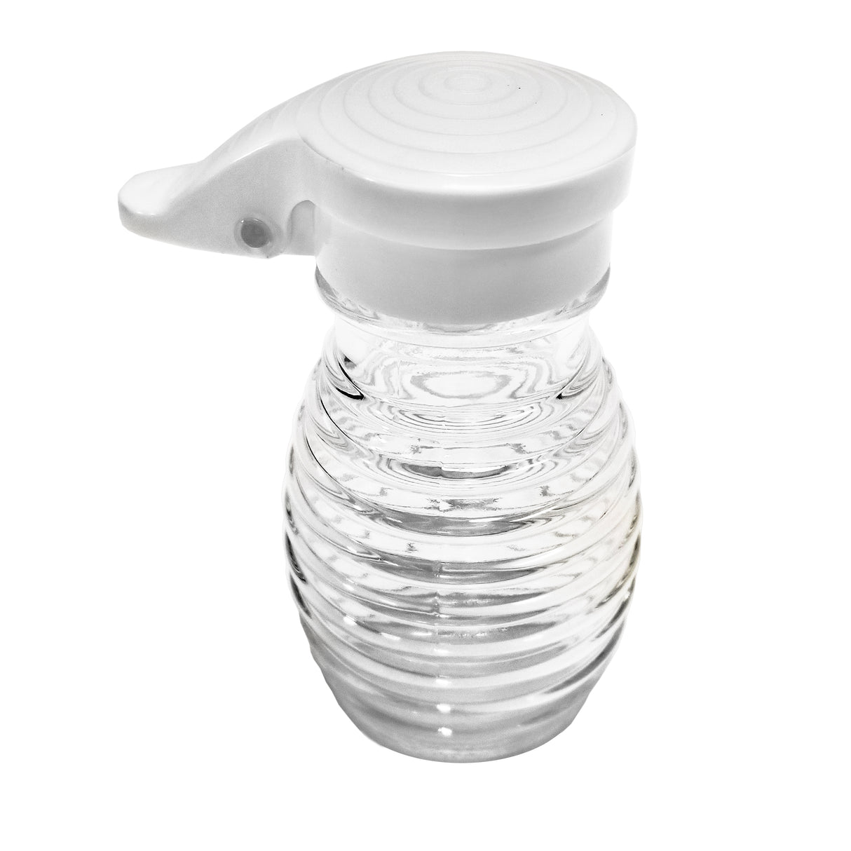A clear, ribbed glass dispenser bottle with a white, round, hinged plastic lid and spout, designed for pouring liquids like soy sauce or syrup. This dishwasher safe bottle is empty and photographed on a white background.