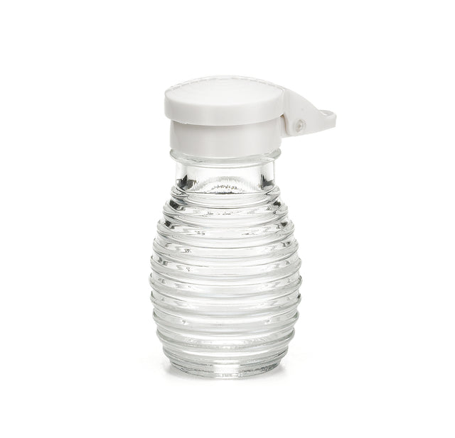 A small, clear, ribbed glass syrup dispenser with a white plastic flip-top lid is shown against a plain white background. The bottle is empty, stands upright, and is dishwasher safe for easy cleaning.