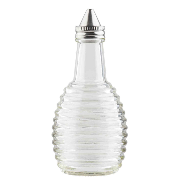 This clear glass bottle from the Beehive Collection features horizontal ridges and a cone-shaped metal pour spout. Perfect as an Oil/Vinegar Dispenser, it stands empty and upright on a white background, ideal for any TableCraft Products display.