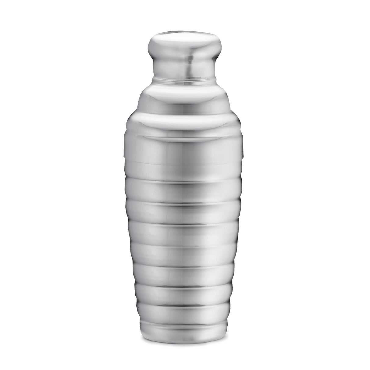 A shiny, stainless steel bar shaker with a ribbed, cylindrical body and a rounded cap, isolated on a white background. The shaker has a smooth, reflective surface and a modern, sleek design.