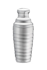 A shiny, stainless steel urn with a rounded lid and a ribbed, cylindrical body. The smooth, reflective surface and horizontal grooves evoke the look of a 24 oz beehive bar shaker in a modern, minimalist design.