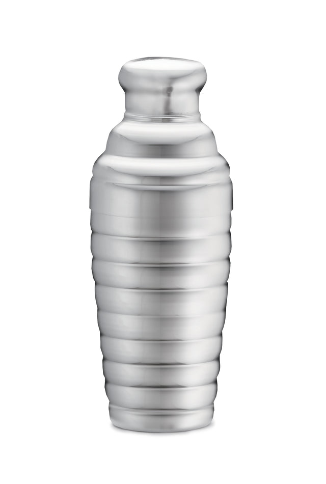 A shiny, stainless steel urn with a rounded lid and a ribbed, cylindrical body. The smooth, reflective surface and horizontal grooves evoke the look of a 24 oz beehive bar shaker in a modern, minimalist design.