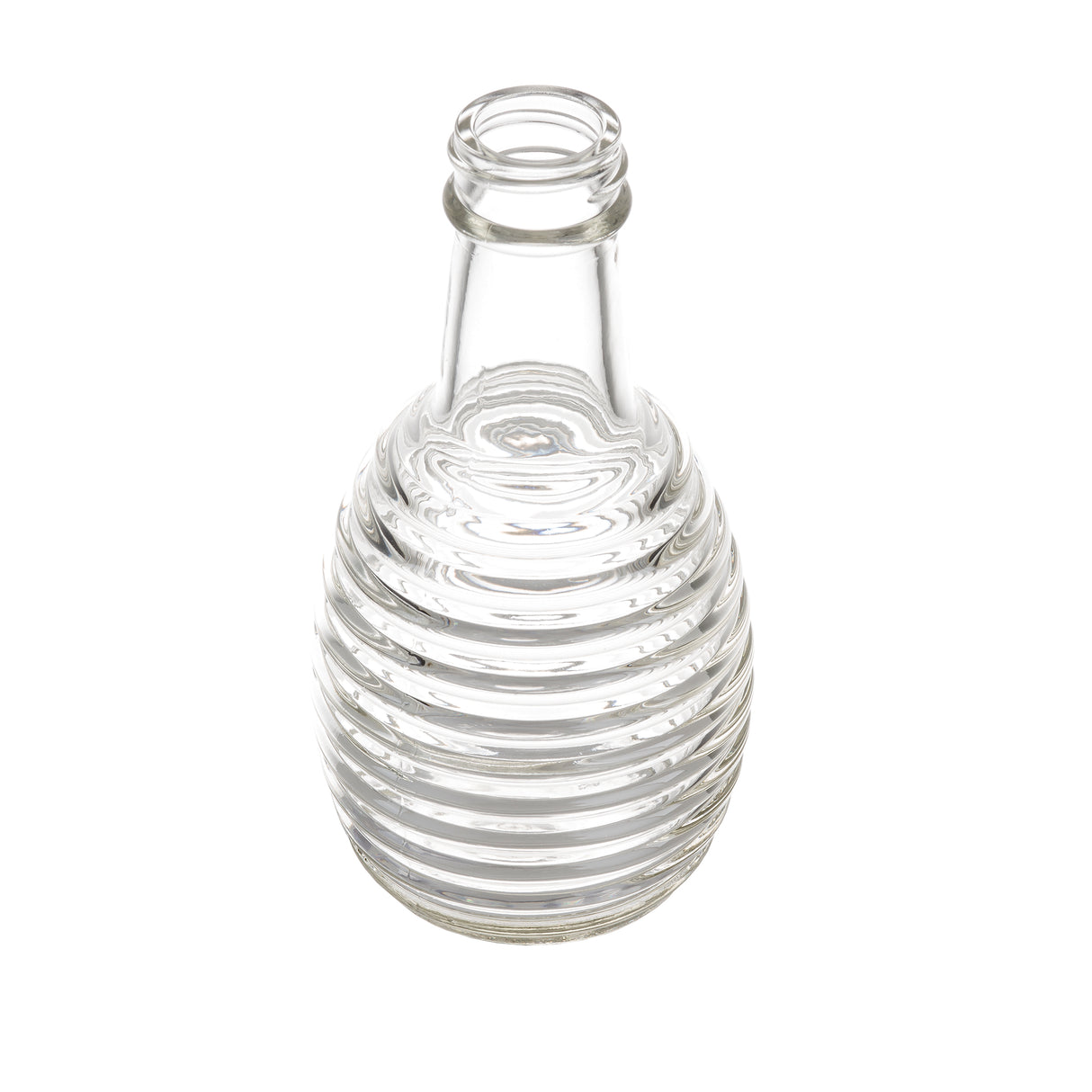 A clear, empty 6 oz glass bottle with a short neck and a round, wide body. The striped ridges add texture, making it ideal as an oil or vinegar replacement jar. Photographed against a white background.