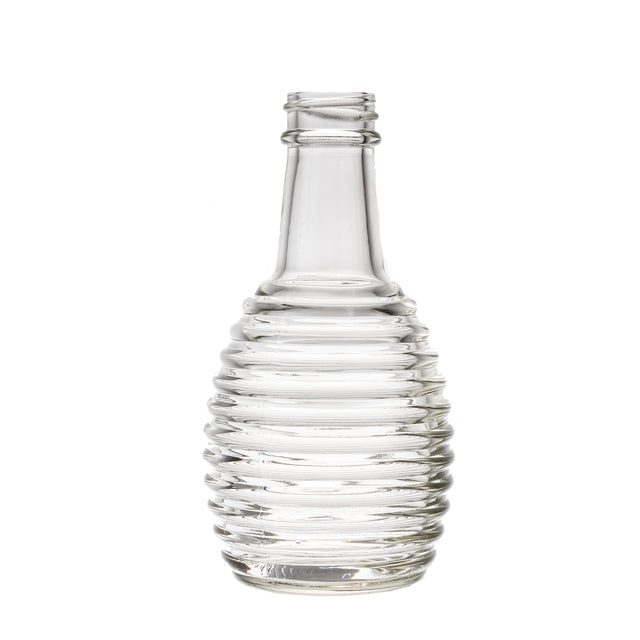 A clear, empty 6 oz glass bottle with a ribbed, beehive-like design, tapered shoulders, and a short neck. Ideal as a replacement jar for oil/vinegar, it stands upright on a white background with no cap or label.